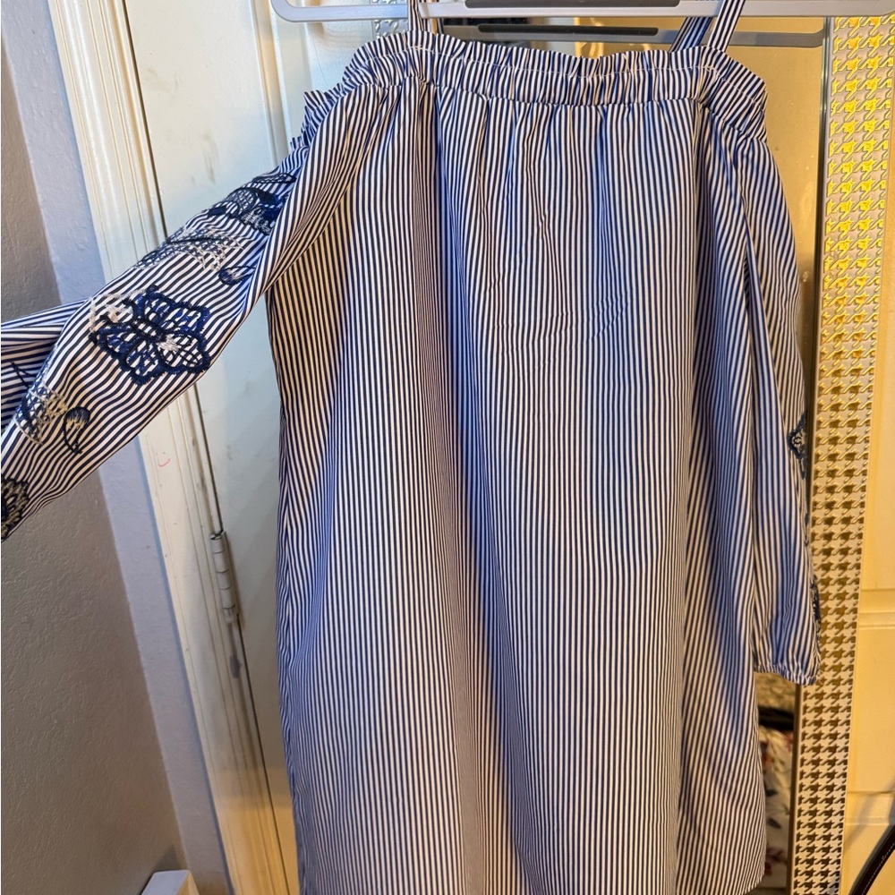 Blue and White Striped Off-Shoulder Dress